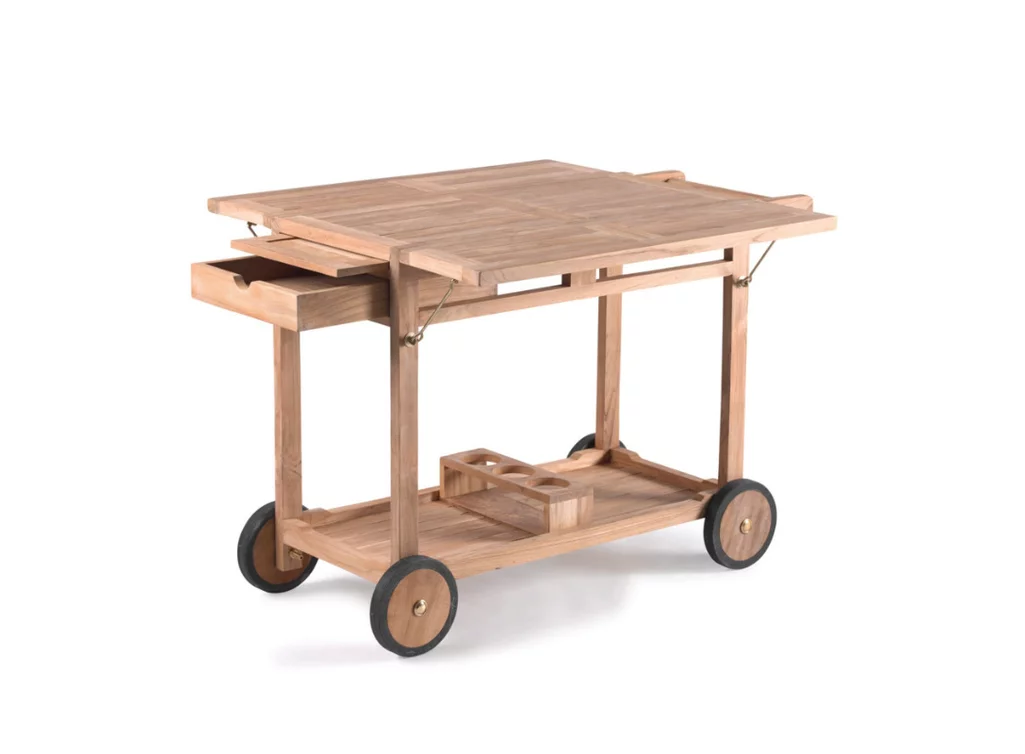 Barwagen aus Teakholz mit Schublade und Tablett – Outdoor Servierwagen