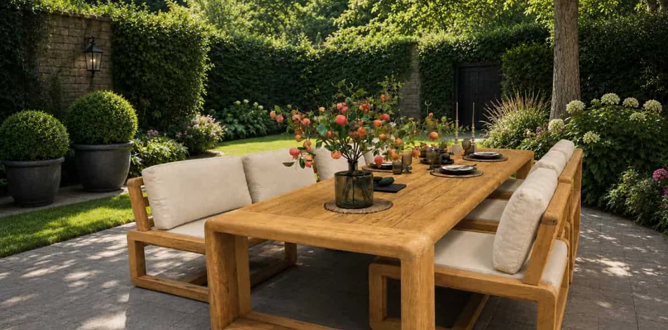Low Dining Gartenmöbel Set GA6901 aus recyceltem Teakholz auf einer Terrasse