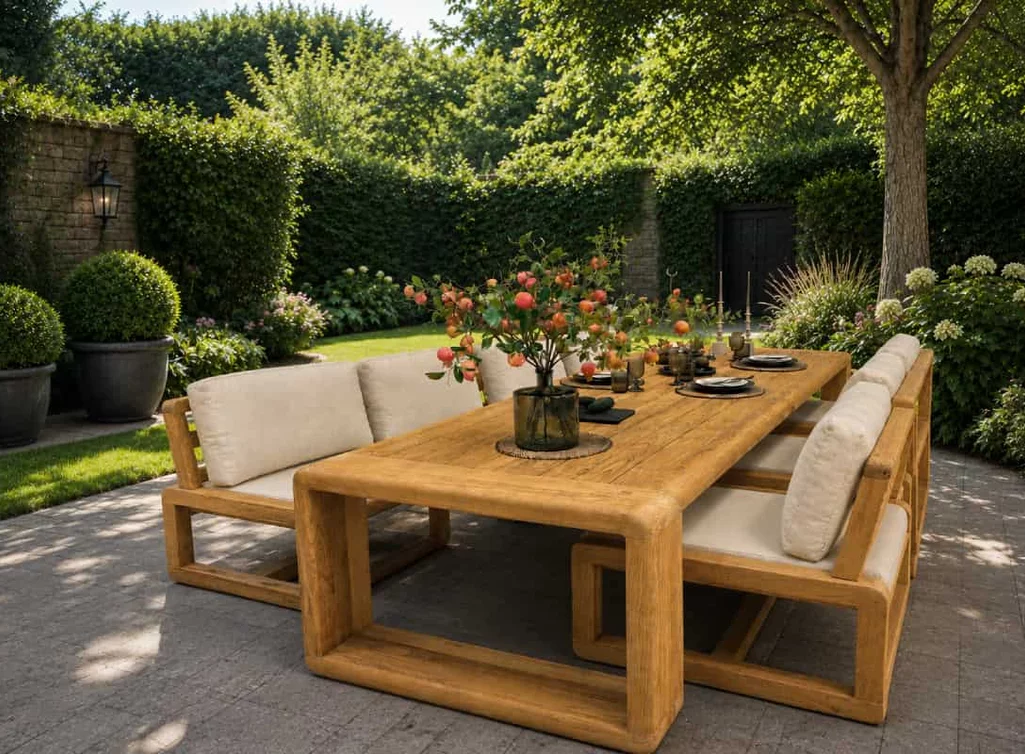 Low Dining Gartenmöbel Set GA6901 aus recyceltem Teakholz auf einer Terrasse