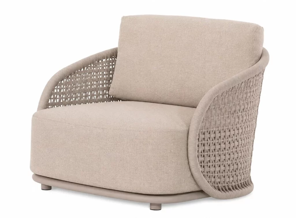 1-Sitzer Outdoor Loungesessel aus Aluminium mit hellgrauer Rope-Bespannung und beigen Outdoor-Polstern