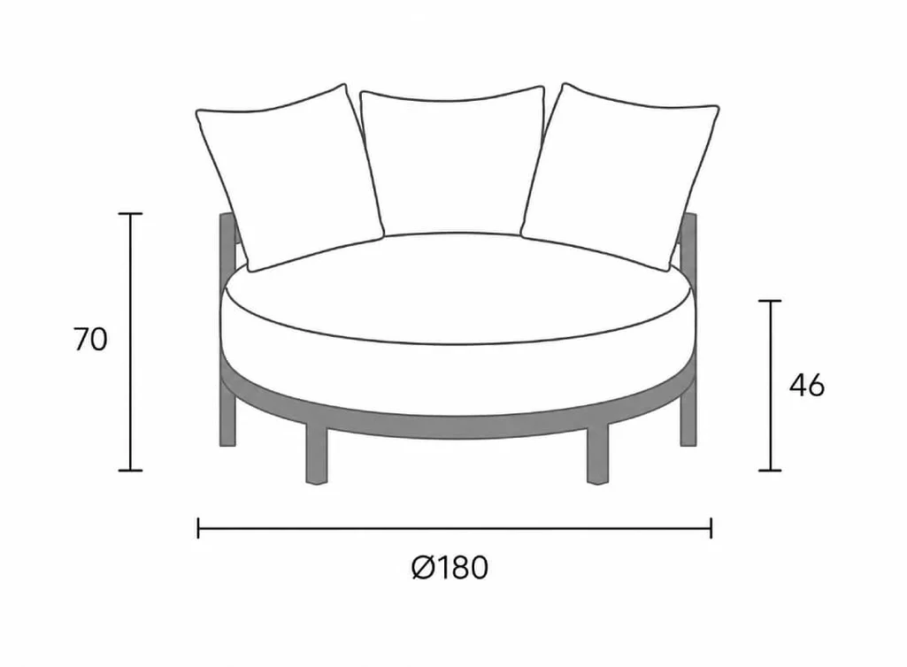Vereinfachte technische Maßzeichnung des Outdoor Love Seat GA901 aus Teakholz mit Ø180 cm Durchmesser, 70 cm Gesamthöhe und 46 cm Sitzhöhe.