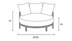 Vereinfachte technische Maßzeichnung des Outdoor Love Seat GA901 aus Teakholz mit Ø180 cm Durchmesser, 70 cm Gesamthöhe und 46 cm Sitzhöhe.