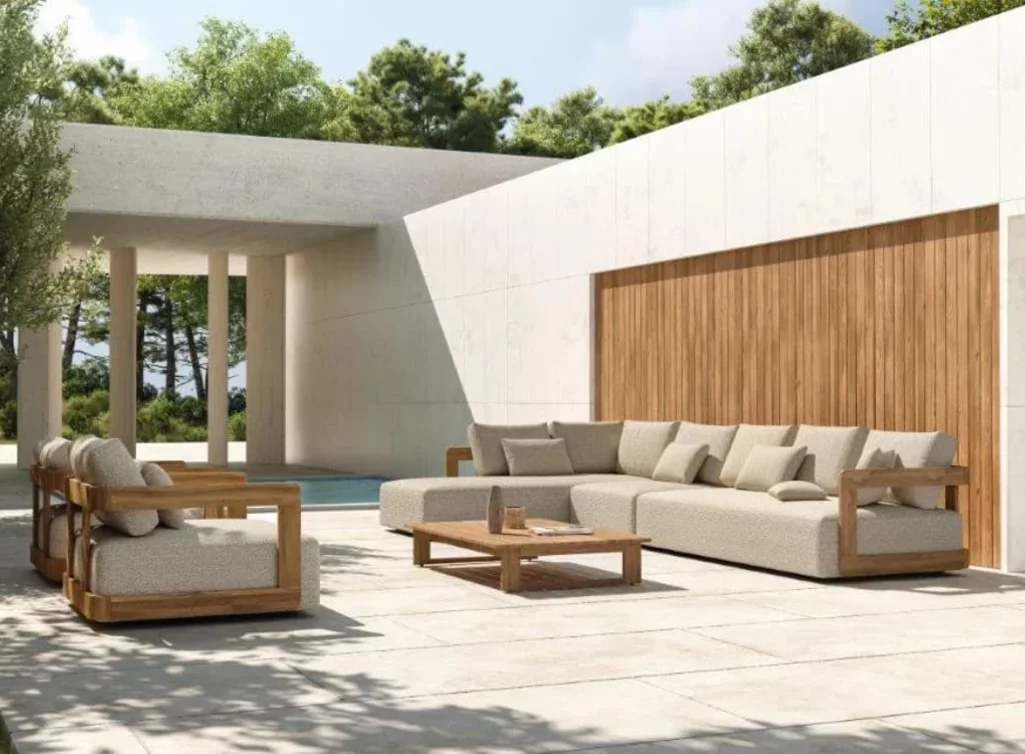 Modulare Gartenlounge EDV5136 aus Teakholz mit Ecru Polstern auf moderner Terrasse