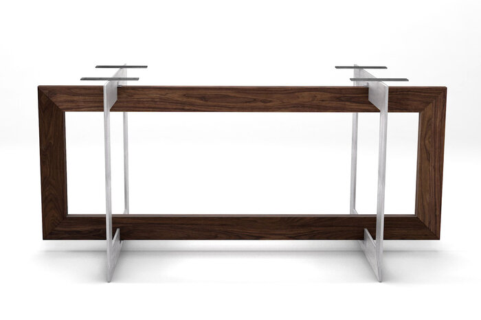 Tischuntergestell aus Nussbaum und Eisen selbsttragend nach Maß vollmassiv gefertigt
