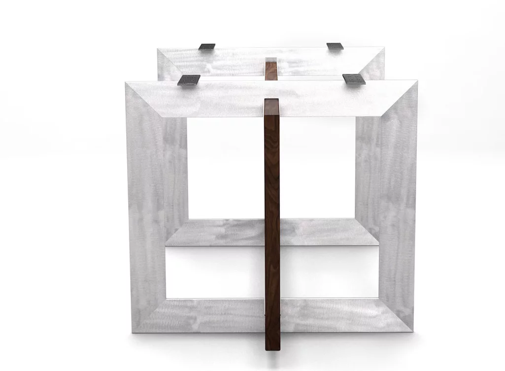 Selbsttragendes Untergestell nach Maß gefertigt aus Nussbaum und purem Stahl Selbsttragendes Untergestell nach Maß gefertigt aus Nussbaum und purem Stahl