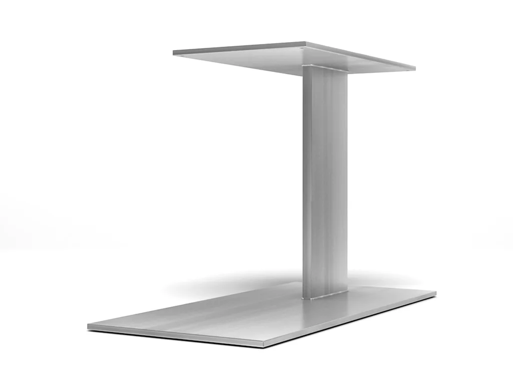Tischuntergestell aus massivem Edelstahl in versetzter Variante.