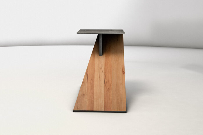 Modern designtes Tischuntergestell aus Metall und Kernbuche nach deinem Maß gefertigt