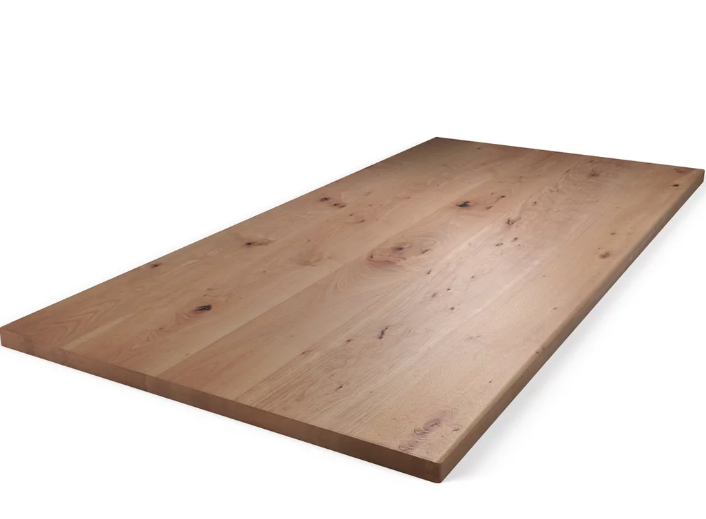 Aufgedoppelte Echtholz Tischplatte aus Buche mit charakterstarkem Ast - und Splintholzanteil