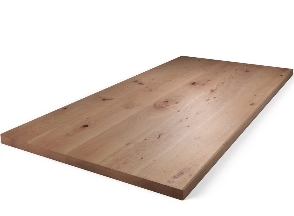 Buchetischplatte in aufgedoppelter Bauweise mit charakterstarkem Ast - und Splintholzanteil