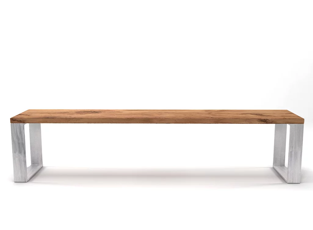 Eichen Sitzbank massiv mit Stahlkufen und chrarkteristischen Astanteil nach deinem Maß gefertigt.