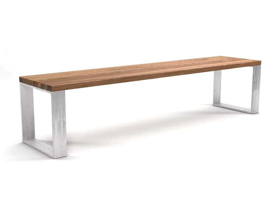 Eichenbank nach Maß Massivholz in weitgehend ast- und splintfreier Qualität mit Stahlkufen.