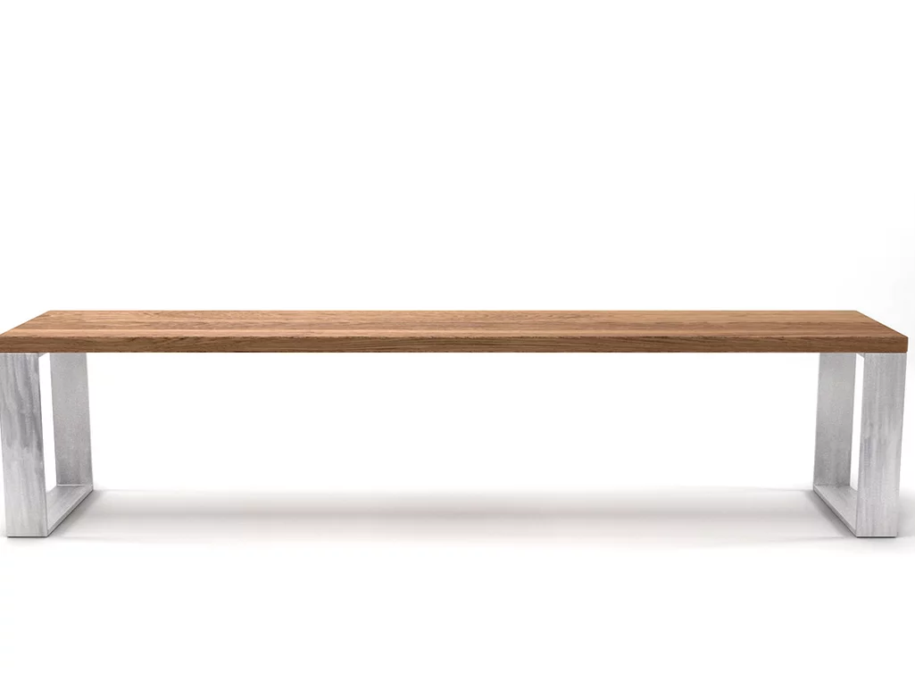 Eichensitzbank Massivholz in astfreier Qualität mit Stahlkufen auf Maß gefertigt.