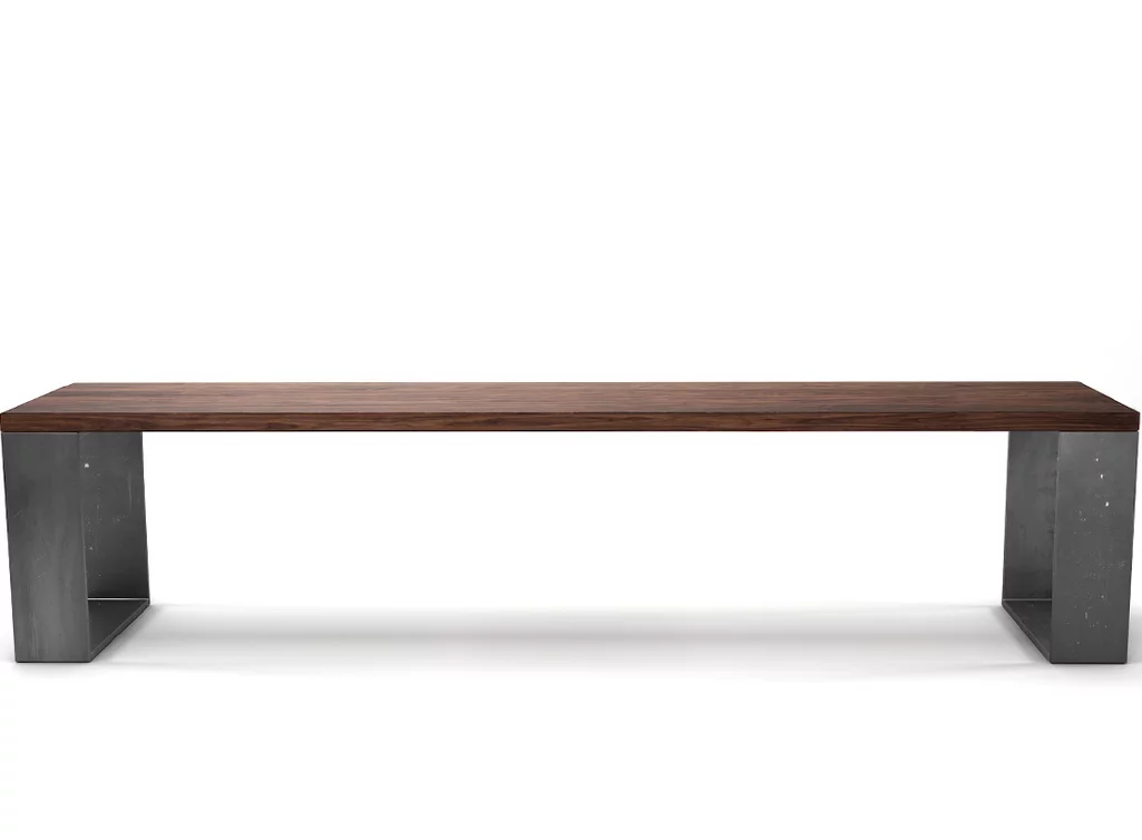 Holzsitzbank Nussbaum astfrei mit Kufen aus Stahl nach deinem Maß.