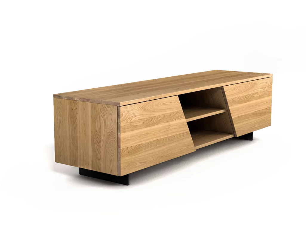 Fernsehschrank aus Eichenholz in massiver Bauweise mit Stahlkufen