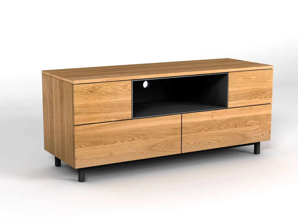 Lowboard nach Maß aus Stahl kombiniert mit Eichenholz