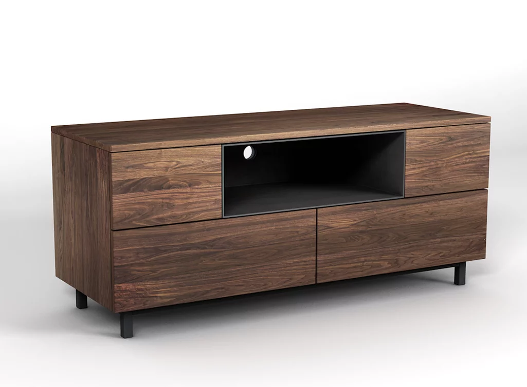 Fernseh Lowboard aus Nussbaumholz mit Stahl kombiniert.