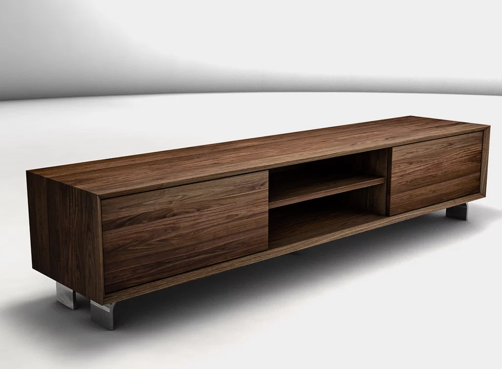Nussbaum Lowboard aus Echtholz mit einem Medienfach und zwei Schubladen auf Maß