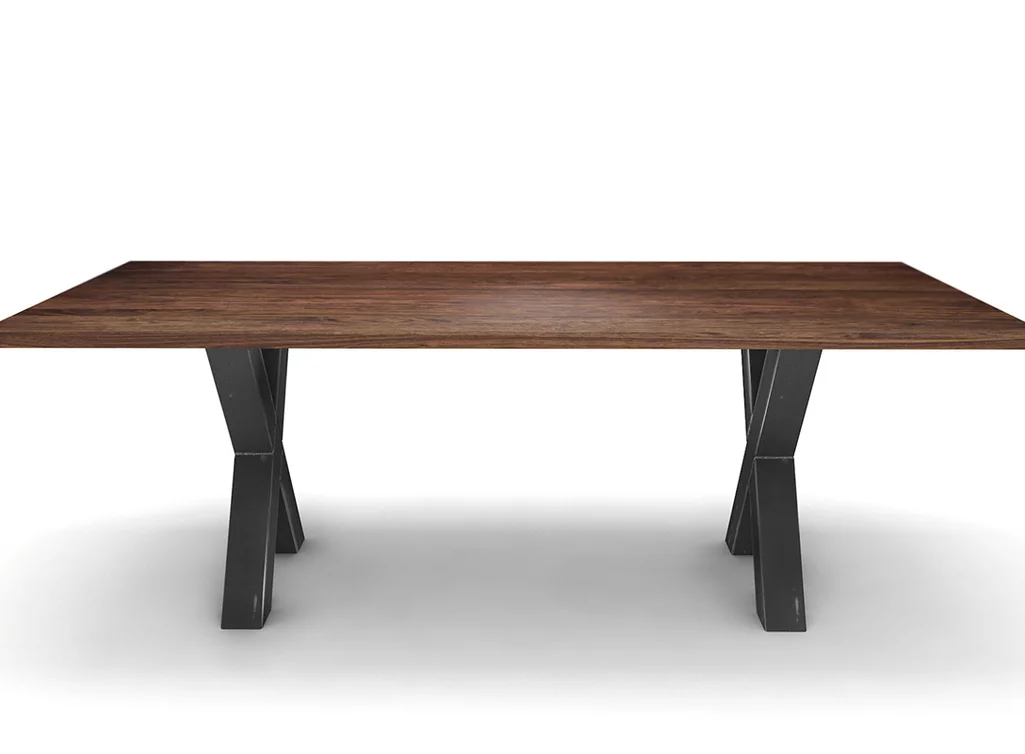 Tisch Nussbaum massiv mit Stahlkreuz Untergestell