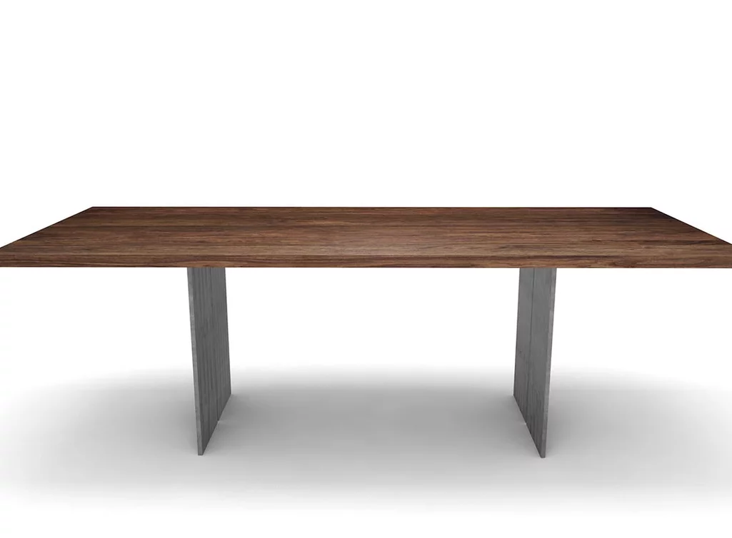 Esstisch Nussbaum nach Maß mit Wangen aus Eisen Esstisch Nussbaum nach Maß mit Wangen aus Eisen