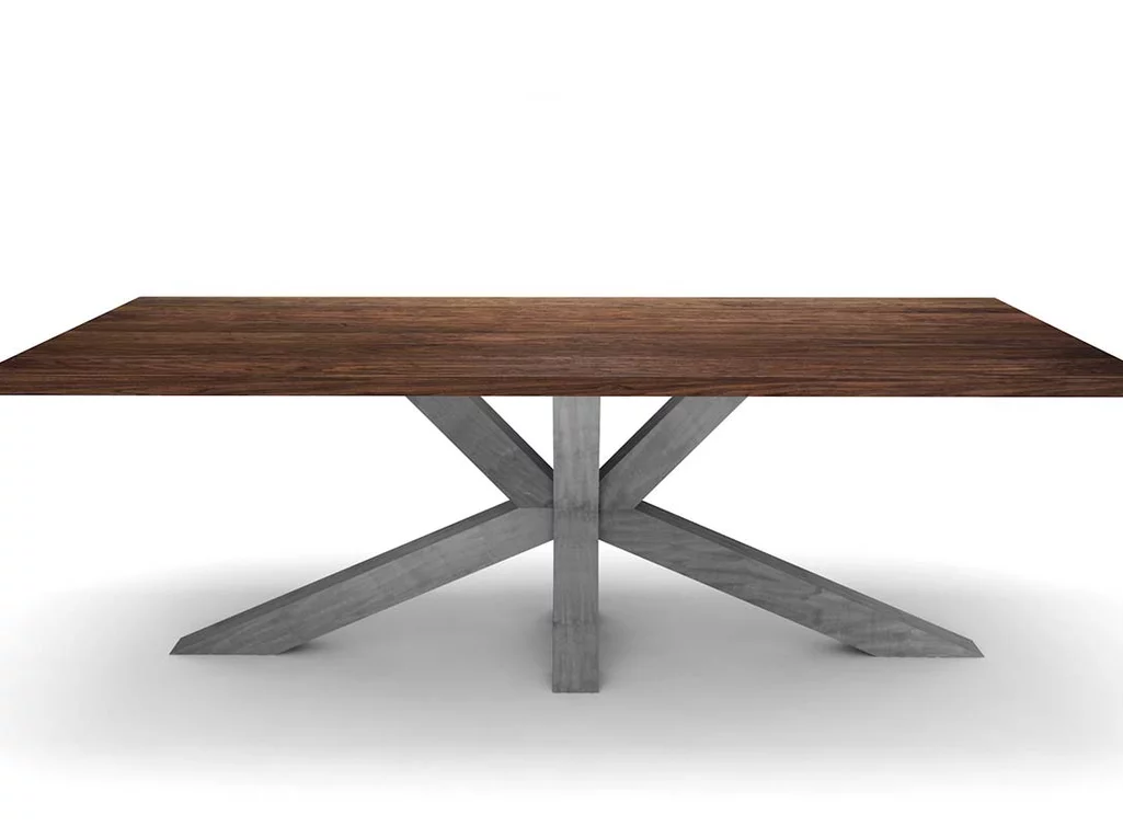 Nussbaumesstisch nach Maß mit Stahlkreuz Mittelfuß