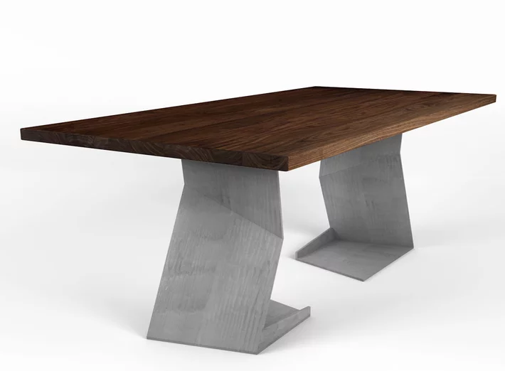 Esstisch aus astfreiem Nussbaum mit futuristischem Tischgestell aus Stahl
