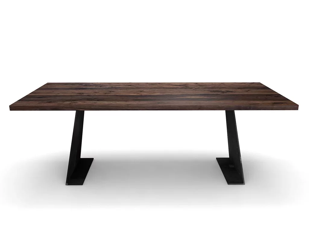 Moderner Massivholzesstisch aus Nussbaumholz mit Stahlwangen Moderner Massivholzesstisch aus Nussbaumholz mit Stahlwangen