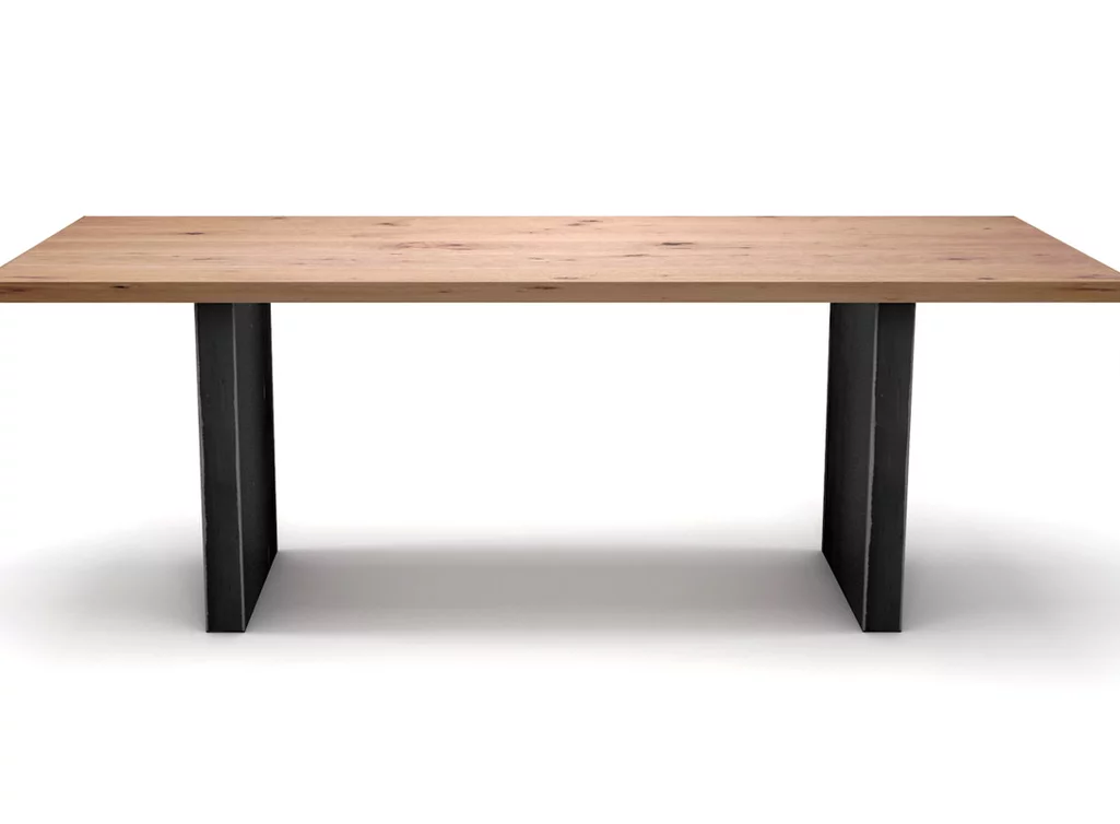 Esszimmertisch in Buche mit Blech Stahlwangen