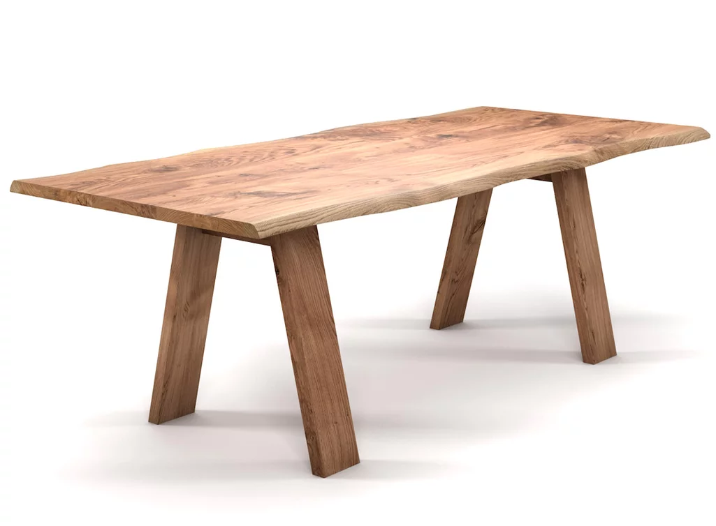Baumtisch Eiche nach Maß mit Massivholz Tischbeinen schräg