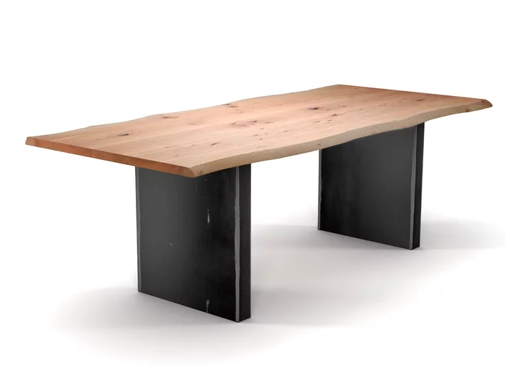 Massivholztisch mit Baumkanten Buche und Tischwangen aus Metall