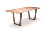Holztisch massiv nach Maß mit Schweizer Kante und Holzkufen-Tischgestell
