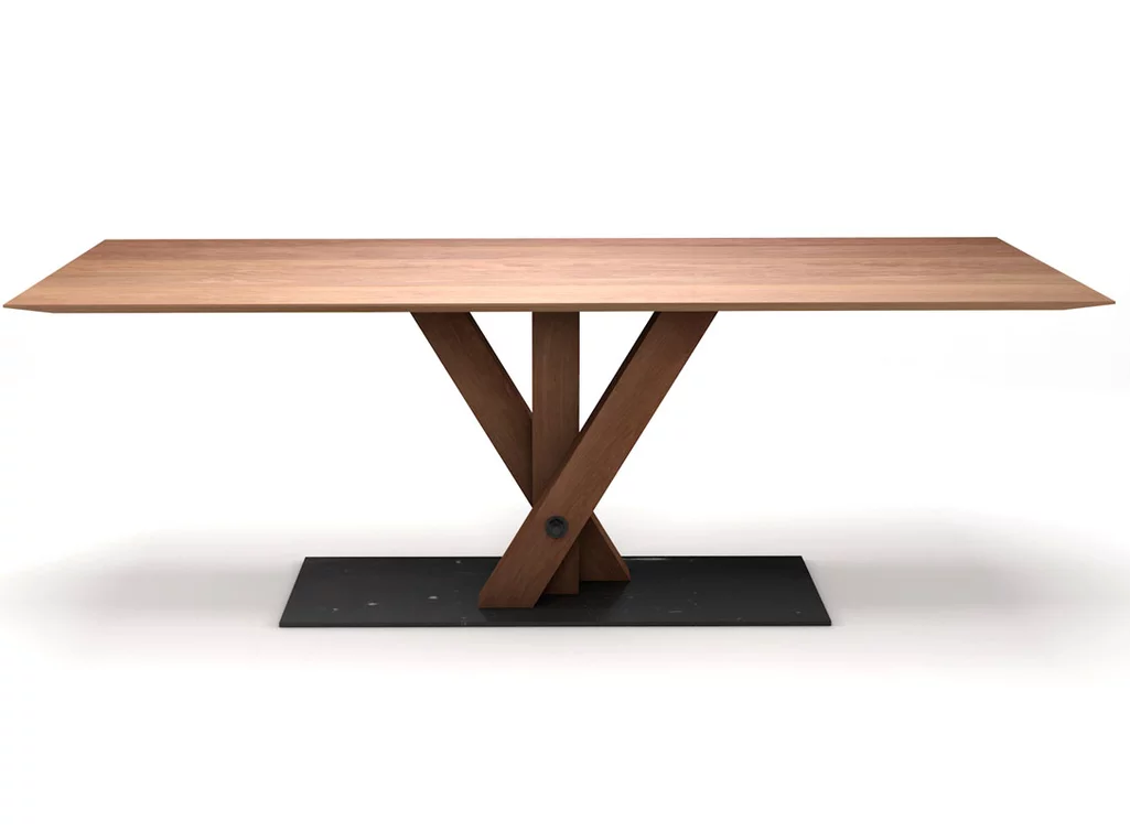 Schweizer Kante Tisch Buche nach Maß mit dreibeinigem Mittelfussgestell in Holz und Metall