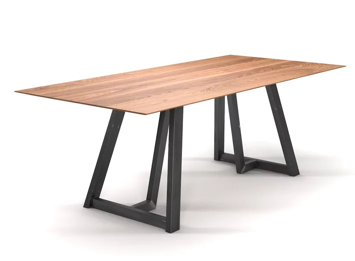 Holztisch aus Eiche mit Schweizer Kante 4cm und einem Stahl Tischgestell