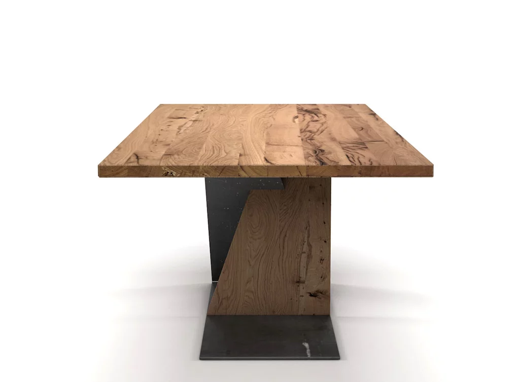 Esszimmertisch aus Eichen Altholz mit futuristischem Gestell aus Stahl