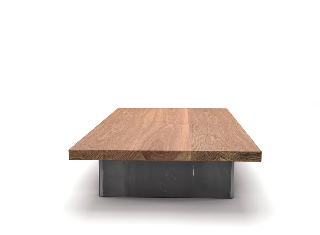 Couchtisch nach Maß mit Wangen aus Stahl gefertigt Massivholz 4cm stark.