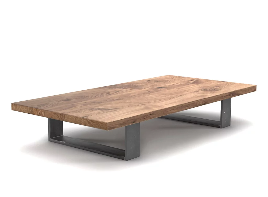 Couchtisch auf Maß Eiche vollmassiv 4cm stark mit Stahlkufen gefertigt.