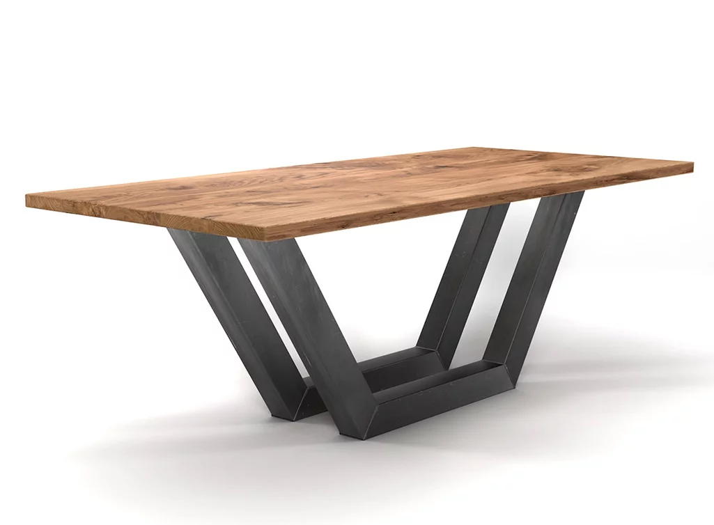 Esstisch Eiche Industriedesign nach Maß mit Stahlkufen in verschiedenen Oberflächen gefertigt.