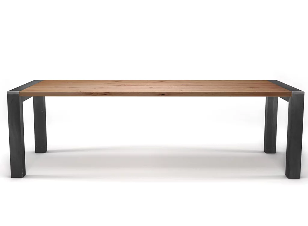 Buche massiv Tisch 4cm mit einem Stahlgestell und charaktervollem Ast- und splintholzanteil nach deinem Maß.
