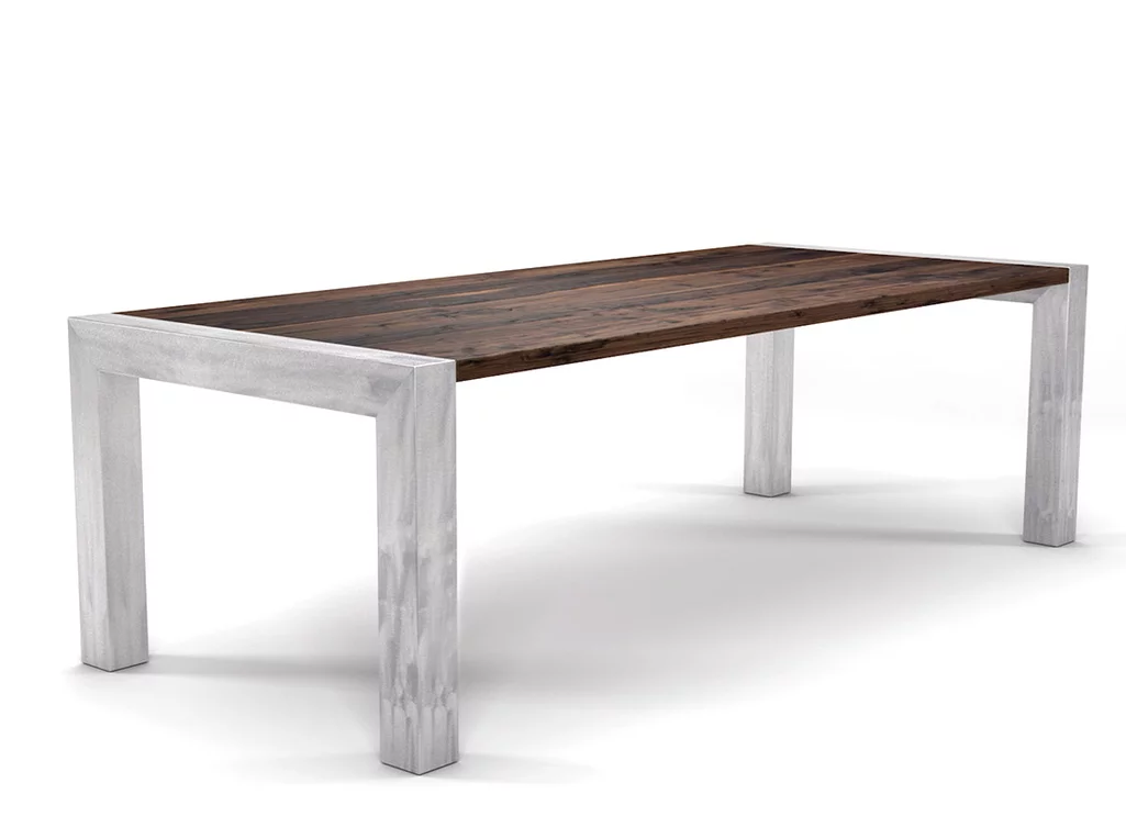 Nussbaum Tisch massiv 4cm nach Maß mit Astanteil und Tischbeinen aus Stahl.