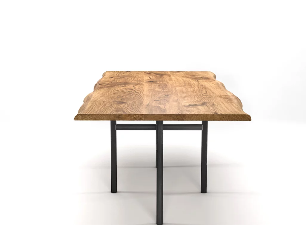 Massivholz Esstisch Eiche mit Baumkante und einem Stahlgestell auf Maß