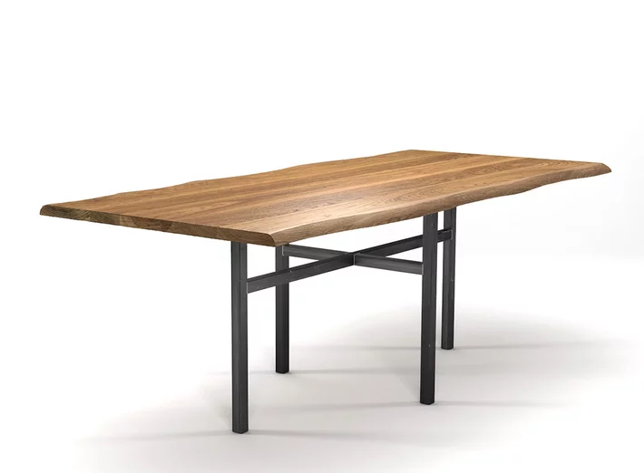 Tisch mit Baumkante Eiche in astfreier Qualität mit Metallrahmen Gestell.