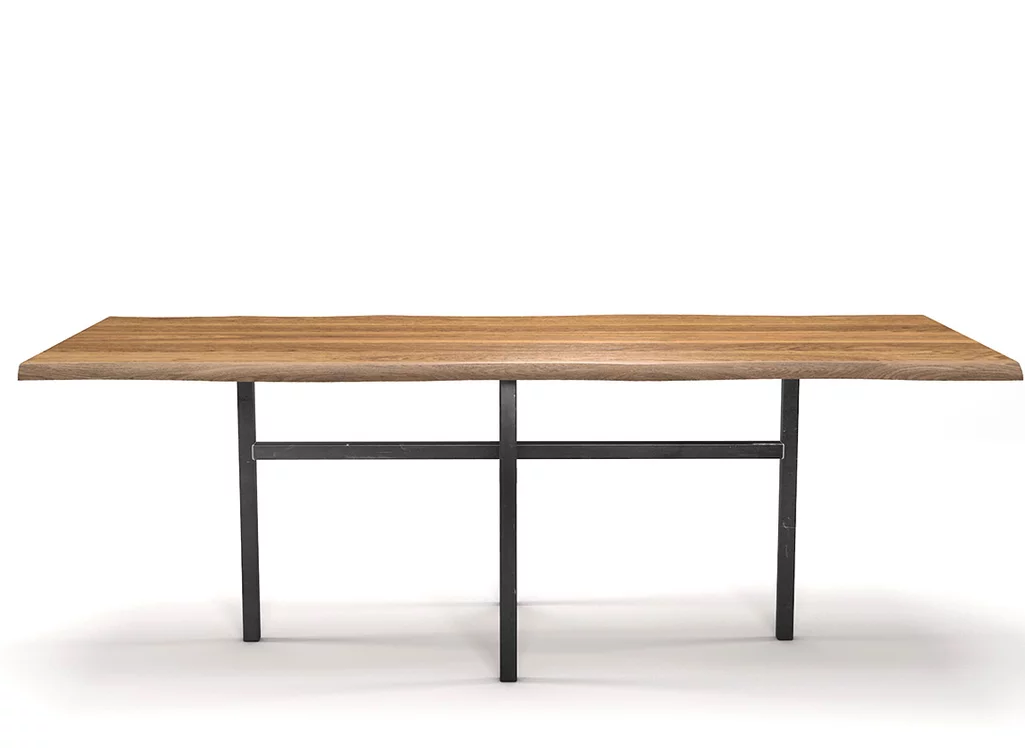 Eichetisch mit Baumkante und Rahmen Untergestell aus Metall.