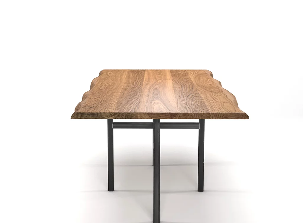 Echtholz Esstisch aus astfreier massiver Eiche mit einem Stahlgestell kombiniert.