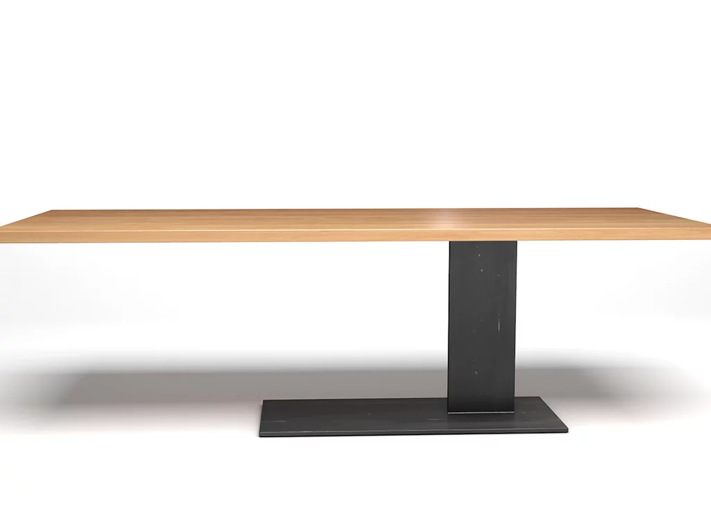 Esstisch nach Maß Buche astfrei mit Stahlfuß versetzt.