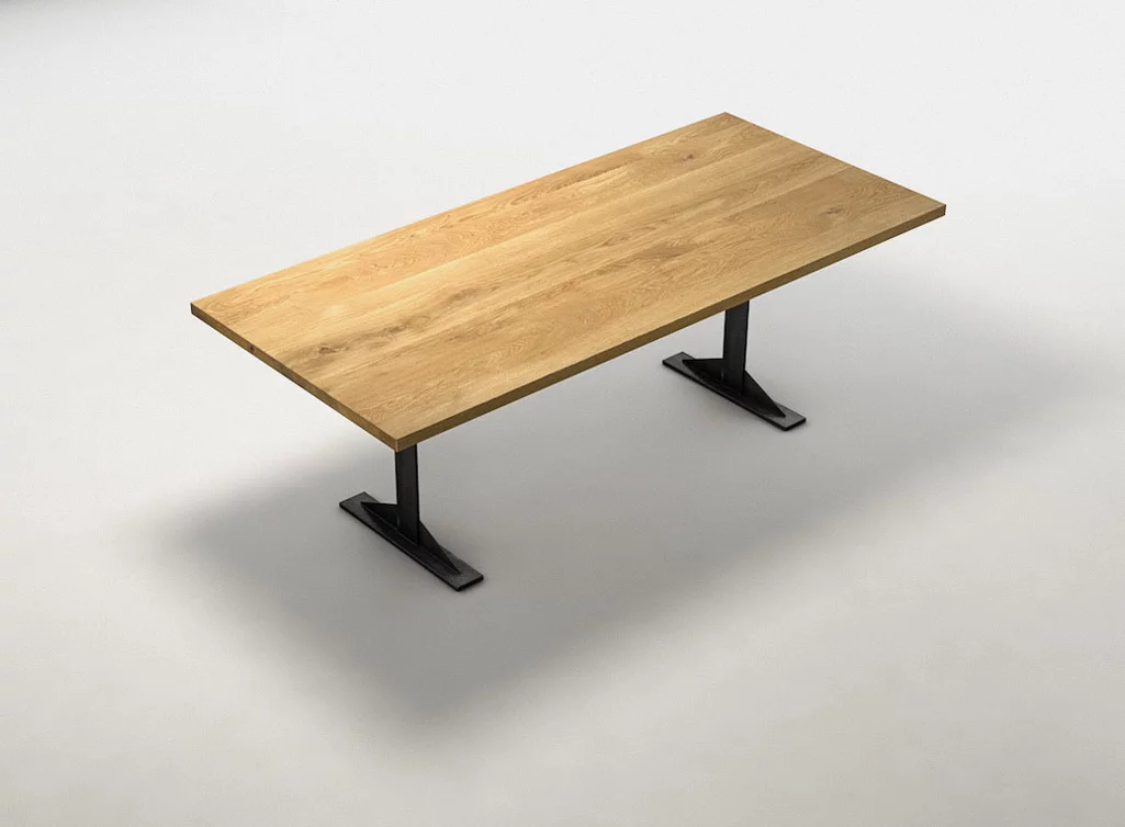 Detailansicht Eiche Massivholzplatte mit Ast auf Tischbeine im industriellen Style