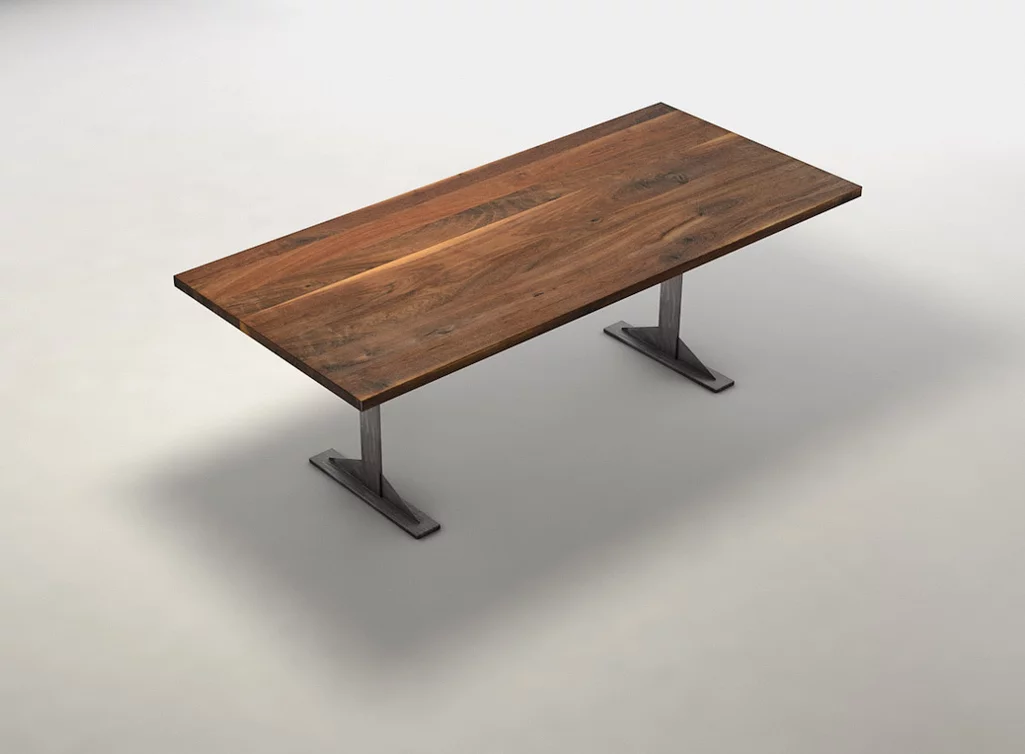 Charaktervoller Ast- und Splintholzanteil auf Nussbaum Holztisch mit Metallgestell Charaktervoller Ast- und Splintholzanteil auf Nussbaum Holztisch mit Metallgestell