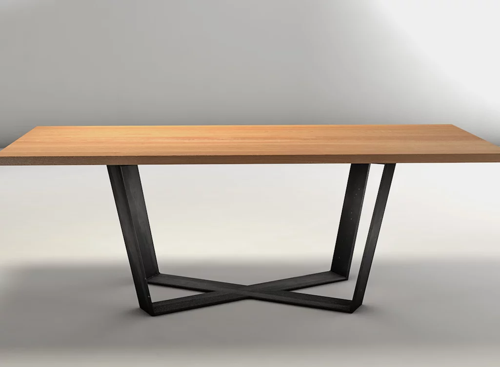 Buchetisch mit Esstisch X Gestell aus gekreuzten Stahlkufen selbsttragend