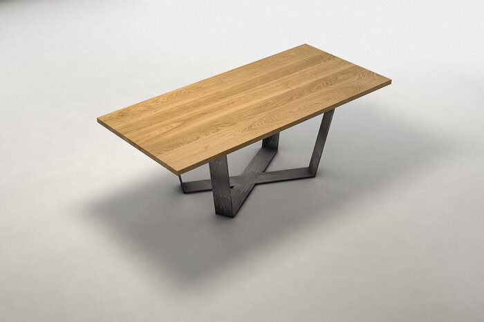 Detailansicht Holztischplatte Eiche astfrei auf Untergestell Tisch in x Form