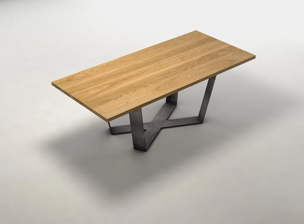 Detailansicht Holztischplatte Eiche astfrei auf Untergestell Tisch in x Form