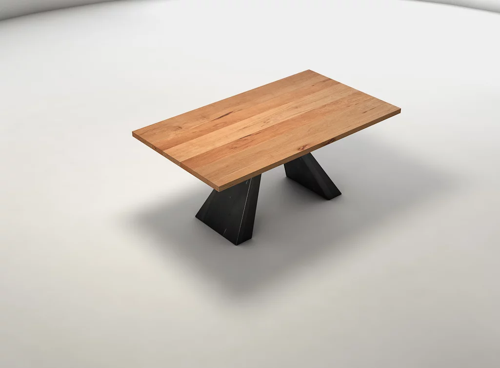 Detailansicht Kernbuche Holztisch mit Metallgestell