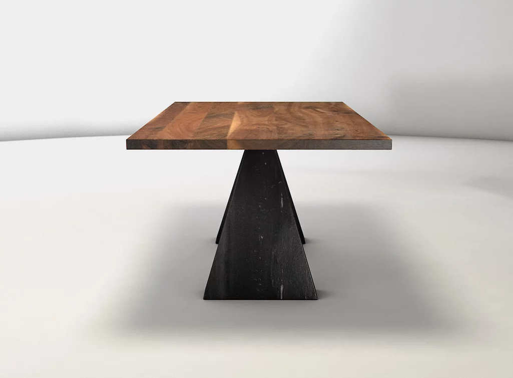 Nussbaum Esszimmertisch Massivholz mit Mittelfußgestell aus gekantetem Stahl